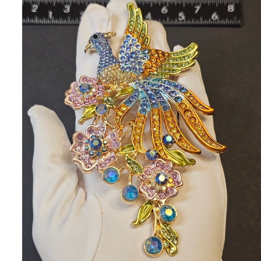 LARGE Peacock Brooch Multi Rhinestone Enamel Floral Statement Whimsical Boho
